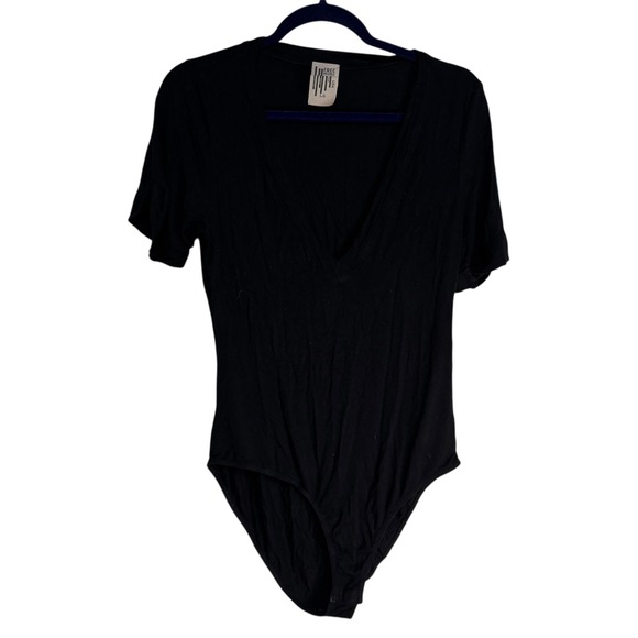 Free People Black Deep V Neck Short Sleeve Thong Bodysuit L Made in USA - Picture 8 of 10